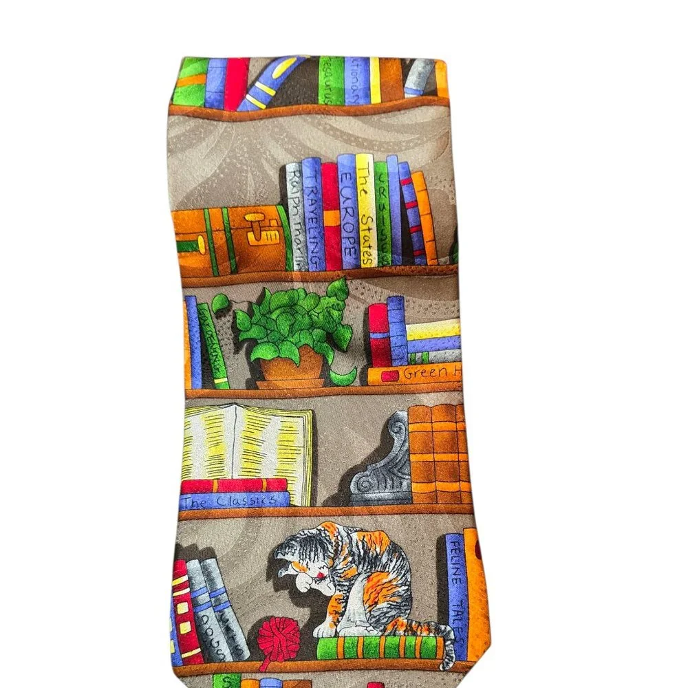 100% Silk Cat Bookshelf Library Novelty Tie Book Lover Teacher Librarian Necktie